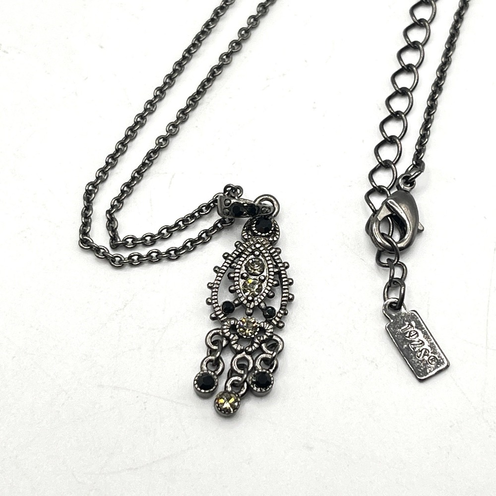 Vintage 1928 Brand Gunmetal Rhinestone Pendant Chain Necklace Victorian Revival